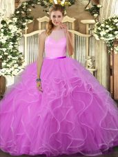 Trendy Lilac Tulle Backless High-neck Sleeveless Floor Length Sweet 16 Dress Ruffles
