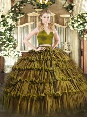 Beauteous Olive Green Halter Top Zipper Ruffled Layers Quinceanera Dress Sleeveless