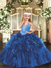 Fancy Blue Sleeveless Organza Lace Up Girls Pageant Dresses for Party and Quinceanera