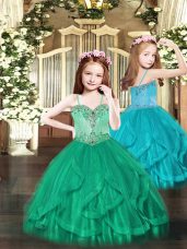 Hot Selling Floor Length Turquoise Little Girls Pageant Gowns Spaghetti Straps Sleeveless Lace Up