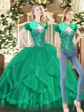 Attractive Green Ball Gowns Beading and Ruffles Vestidos de Quinceanera Lace Up Tulle Sleeveless Floor Length