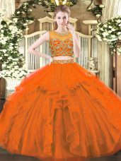 Perfect Floor Length Zipper Ball Gown Prom Dress Rust Red for Military Ball and Sweet 16 and Quinceanera with Beading and Ruffles