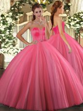 Coral Red Lace Up Sweetheart Beading 15th Birthday Dress Tulle Sleeveless