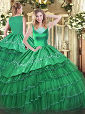 Modern Organza Scoop Sleeveless Side Zipper Beading and Embroidery and Ruffled Layers Quinceanera Dresses in Turquoise