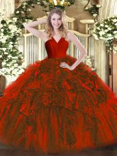Fashion Wine Red Sleeveless Floor Length Ruffles Zipper 15th Birthday Dress