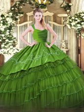 Beautiful Floor Length Olive Green Quinceanera Dress Organza and Taffeta Sleeveless Embroidery and Ruffled Layers