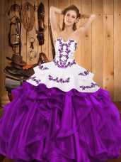 Pretty Satin and Organza Strapless Sleeveless Lace Up Embroidery and Ruffles Ball Gown Prom Dress in Eggplant Purple