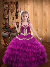 Dramatic Sleeveless Organza Floor Length Lace Up Little Girl Pageant Dress in Fuchsia with Embroidery and Ruffled Layers