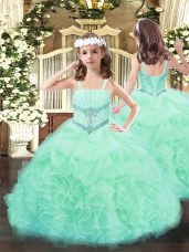 Apple Green Organza Lace Up Straps Sleeveless Floor Length Little Girls Pageant Dress Beading and Ruffles and Pick Ups