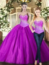 Amazing Fuchsia Sleeveless Tulle Lace Up Quinceanera Dress for Military Ball and Sweet 16 and Quinceanera