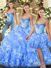 Floor Length Lace Up Quinceanera Dress Light Blue for Military Ball and Sweet 16 and Quinceanera with Beading and Ruffles