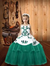 Sleeveless Tulle Floor Length Lace Up Pageant Dress for Teens in Turquoise with Embroidery