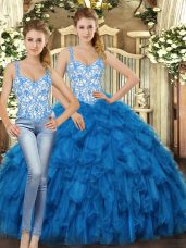 Blue Lace Up Straps Beading and Ruffles Quince Ball Gowns Organza Sleeveless