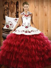 Superior Wine Red Halter Top Lace Up Embroidery and Ruffled Layers 15 Quinceanera Dress Sleeveless