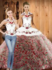 Stylish Multi-color Lace Up Halter Top Embroidery Sweet 16 Quinceanera Dress Fabric With Rolling Flowers Sleeveless Sweep Train