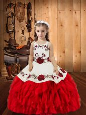 Sweet Red Ball Gowns Embroidery and Ruffles Girls Pageant Dresses Lace Up Organza Sleeveless Floor Length