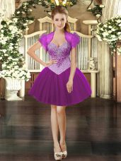 Best Selling Fuchsia Sleeveless Mini Length Beading Lace Up Prom Gown
