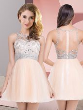 Graceful Peach Sleeveless Mini Length Beading Zipper Prom Gown