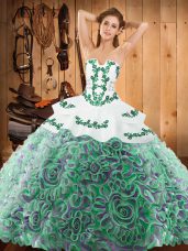 Multi-color Ball Gowns Embroidery Quince Ball Gowns Lace Up Satin and Fabric With Rolling Flowers Sleeveless With Train