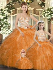 Straps Sleeveless Quinceanera Gowns Floor Length Beading and Ruffles Orange Red Organza