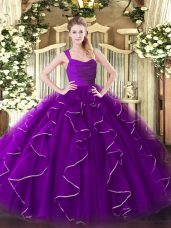 Purple Ball Gowns Straps Sleeveless Organza Floor Length Zipper Ruffles Sweet 16 Dresses
