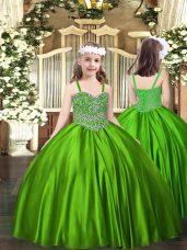 Satin Straps Sleeveless Lace Up Beading Pageant Gowns For Girls in Green