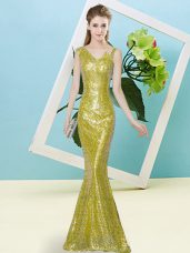 Floor Length Mermaid Sleeveless Yellow Prom Dresses Zipper