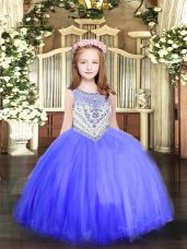 Nice Baby Blue Sleeveless Floor Length Beading Zipper Child Pageant Dress