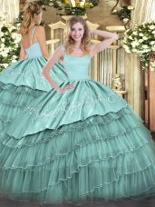 Blue Ball Gowns Organza Straps Sleeveless Embroidery and Ruffled Layers Floor Length Zipper Sweet 16 Quinceanera Dress