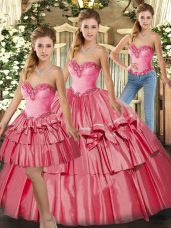 Fabulous Watermelon Red Sleeveless Floor Length Beading and Ruffled Layers Lace Up Quinceanera Gowns