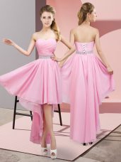 Pink A-line Sweetheart Sleeveless Chiffon High Low Lace Up Beading Bridesmaid Dress