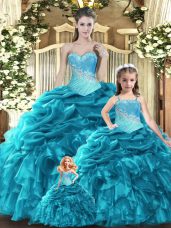 Great Teal Tulle Lace Up Sweetheart Sleeveless Floor Length Vestidos de Quinceanera Beading and Ruffles and Ruching and Pick Ups