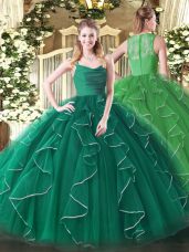 Straps Sleeveless Quinceanera Dresses Floor Length Ruffles Dark Green Organza