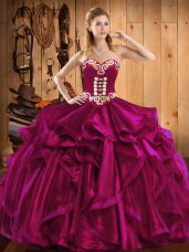 High End Fuchsia Sweetheart Lace Up Embroidery and Ruffles Vestidos de Quinceanera Sleeveless