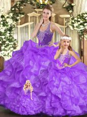 Fine Ball Gowns Quinceanera Gowns Eggplant Purple Straps Organza Sleeveless Floor Length Lace Up