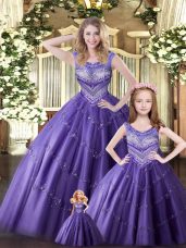 Sexy Eggplant Purple Scoop Neckline Beading Quince Ball Gowns Sleeveless Lace Up