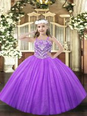 High Class Lavender Ball Gowns Straps Sleeveless Tulle Floor Length Lace Up Beading Pageant Gowns For Girls