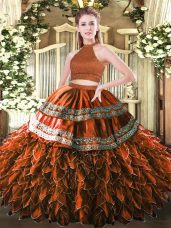 Elegant Rust Red Satin and Organza Backless Halter Top Sleeveless Floor Length Quince Ball Gowns Beading and Embroidery and Ruffles