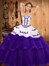 Sleeveless Tulle Sweep Train Lace Up Sweet 16 Quinceanera Dress in Purple with Embroidery and Ruffled Layers