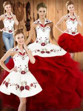 Embroidery and Ruffles Quinceanera Gowns Wine Red Lace Up Sleeveless Floor Length