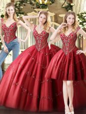 Three Pieces Quinceanera Dress Wine Red V-neck Tulle Sleeveless Floor Length Lace Up
