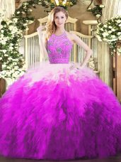 Halter Top Sleeveless Quinceanera Gowns Floor Length Beading and Ruffles Multi-color Tulle