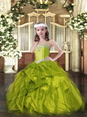 Floor Length Olive Green Pageant Dress Wholesale Organza Sleeveless Beading and Ruffles