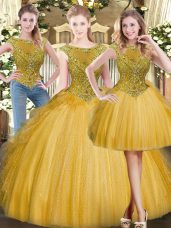 Flare Gold Ball Gowns Beading and Ruffles Sweet 16 Dresses Zipper Tulle Sleeveless Floor Length