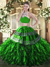 High-neck Sleeveless Backless Ball Gown Prom Dress Green Tulle