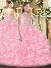 Hot Selling Sleeveless Tulle Floor Length Zipper Quinceanera Dresses in Rose Pink with Beading and Ruffles