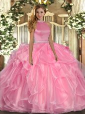 Delicate Watermelon Red Halter Top Backless Beading and Ruffles Vestidos de Quinceanera Sleeveless