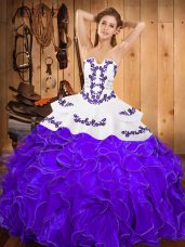High End White And Purple Sleeveless Floor Length Embroidery and Ruffles Lace Up Sweet 16 Dress