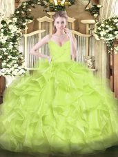 Comfortable Floor Length Yellow Green Quinceanera Dress Organza Sleeveless Ruffles