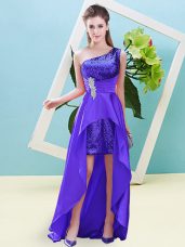 Adorable One Shoulder Sleeveless Homecoming Dress High Low Beading Purple Elastic Woven Satin and Sequined